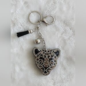 Leopard Rhinestone Silver And Tan Keychain with Tassel Bag Charm